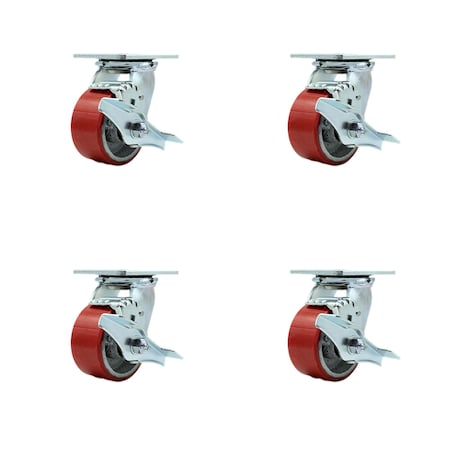 Service Caster 4 Inch Red Poly on Cast Iron Swivel Caster Set with Ball Bearings and Brakes SCC SCC-30CS420-PUB-RS-TLB-4